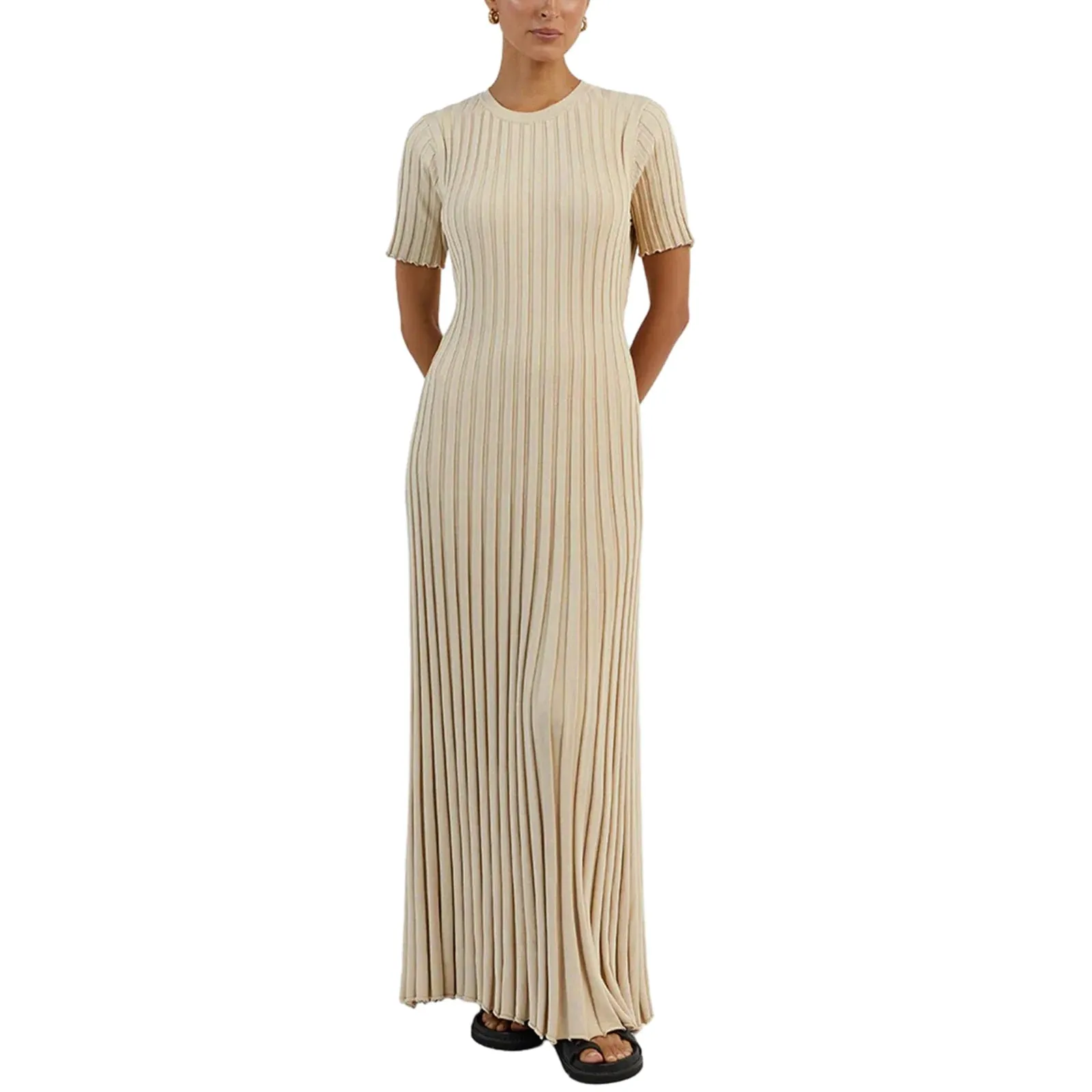 Womens Ribbed Knit Maxi Dresses Round Neck Short Sleeve Bodycon Sweater Dress Slim Fit Long Noodle Dress Party Clubwear