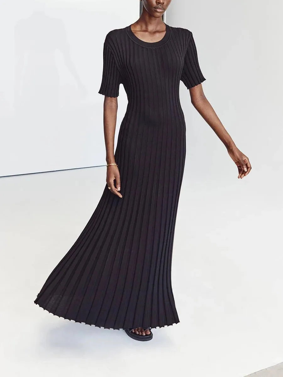 Womens Ribbed Knit Maxi Dresses Round Neck Short Sleeve Bodycon Sweater Dress Slim Fit Long Noodle Dress Party Clubwear