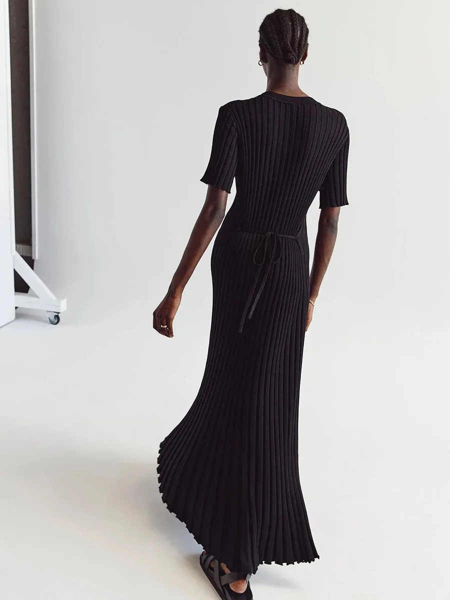 Womens Ribbed Knit Maxi Dresses Round Neck Short Sleeve Bodycon Sweater Dress Slim Fit Long Noodle Dress Party Clubwear