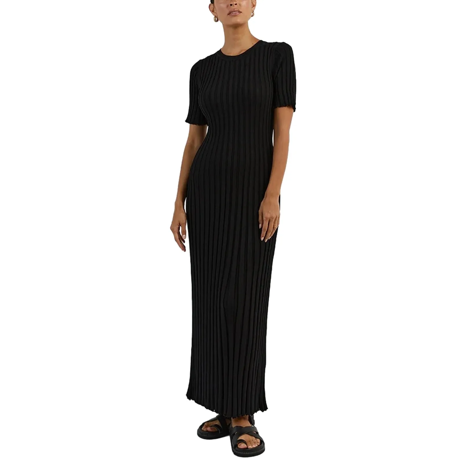 Womens Ribbed Knit Maxi Dresses Round Neck Short Sleeve Bodycon Sweater Dress Slim Fit Long Noodle Dress Party Clubwear