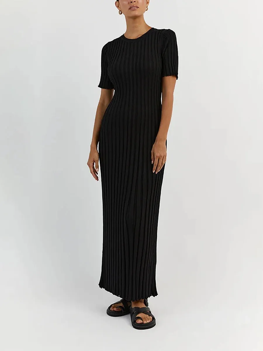 Womens Ribbed Knit Maxi Dresses Round Neck Short Sleeve Bodycon Sweater Dress Slim Fit Long Noodle Dress Party Clubwear