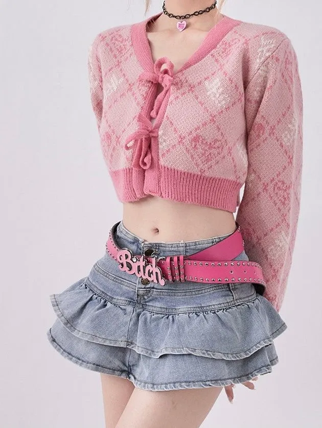Y2K Jacquard Argyle Pink Blue Knit Cardigan & Denim Skirt & Leg warmers Three Piece Set