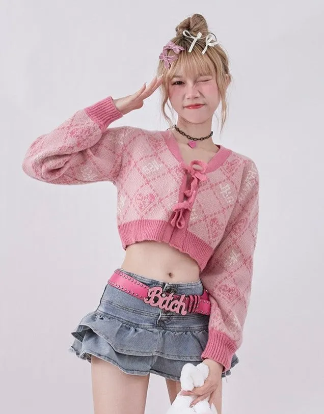 Y2K Jacquard Argyle Pink Blue Knit Cardigan & Denim Skirt & Leg warmers Three Piece Set