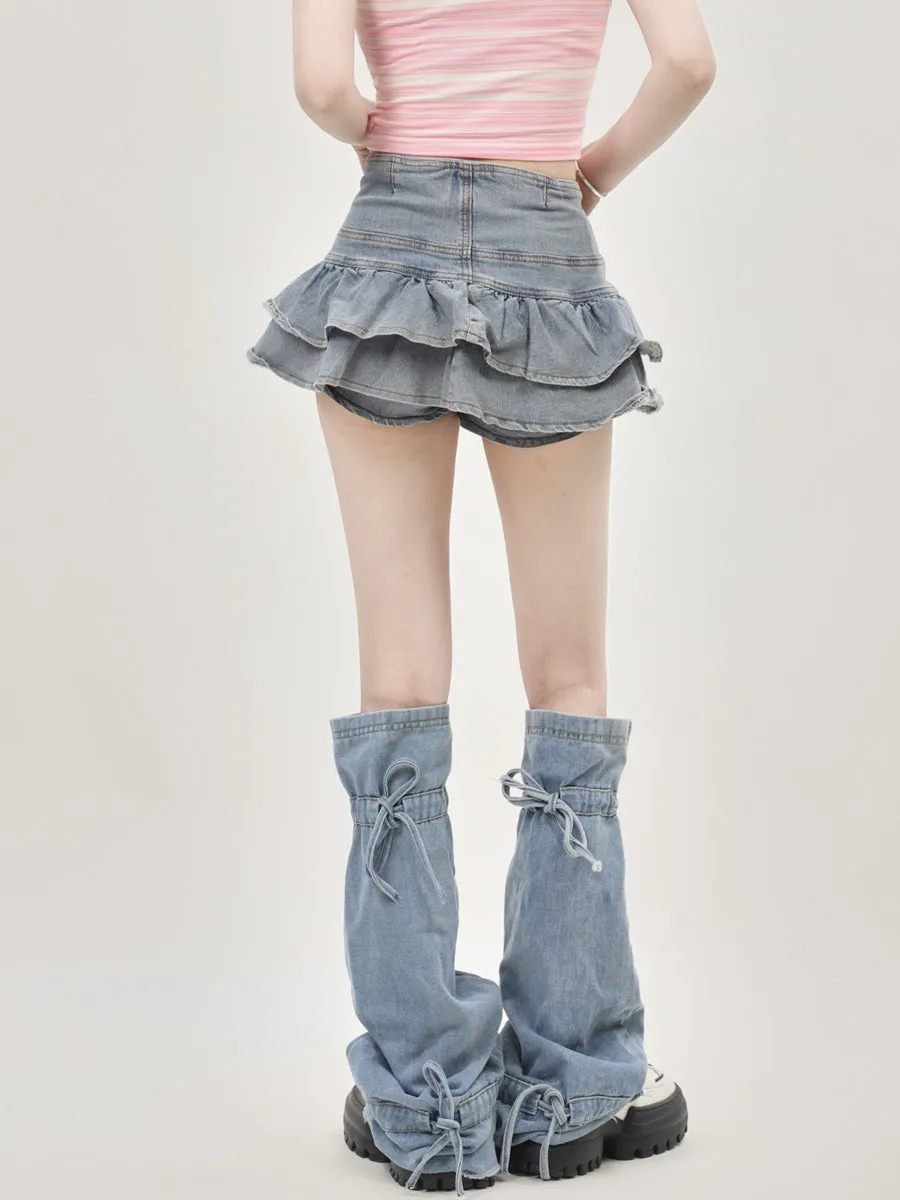 Y2K Jacquard Argyle Pink Blue Knit Cardigan & Denim Skirt & Leg warmers Three Piece Set