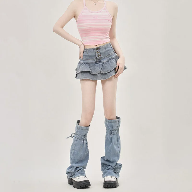 Y2K Jacquard Argyle Pink Blue Knit Cardigan & Denim Skirt & Leg warmers Three Piece Set