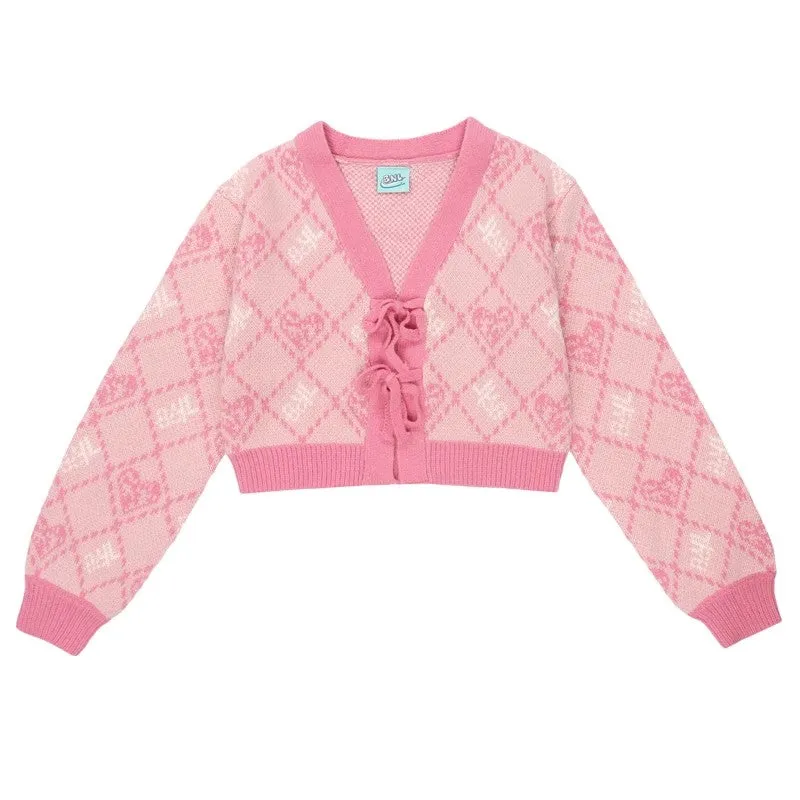 Y2K Jacquard Argyle Pink Blue Knit Cardigan & Denim Skirt & Leg warmers Three Piece Set