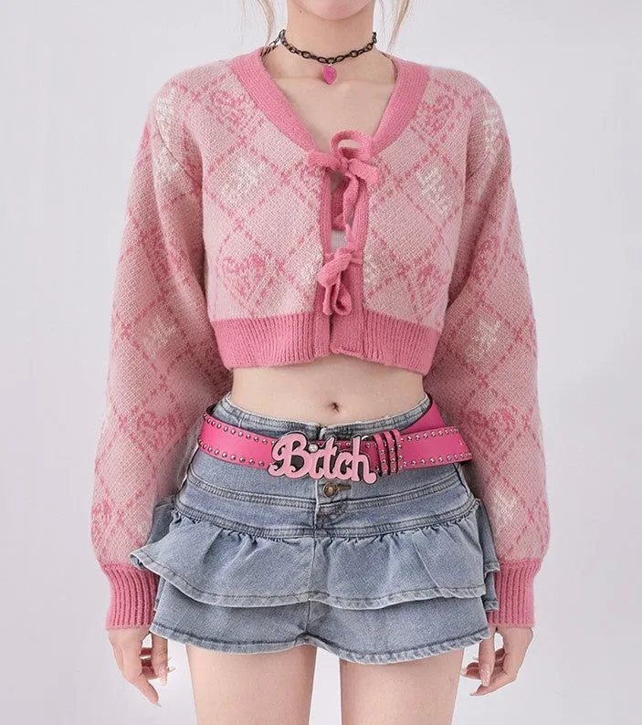 Y2K Jacquard Argyle Pink Blue Knit Cardigan & Denim Skirt & Leg warmers Three Piece Set