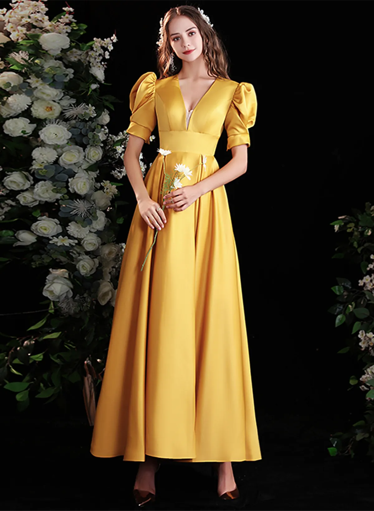 Yellow Satin A-line Long Prom Dress with Sleeves, Yellow Floor Length Evening Dress Party Dress
