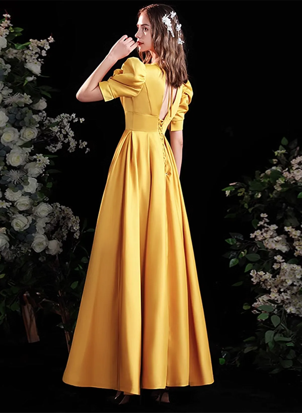 Yellow Satin A-line Long Prom Dress with Sleeves, Yellow Floor Length Evening Dress Party Dress